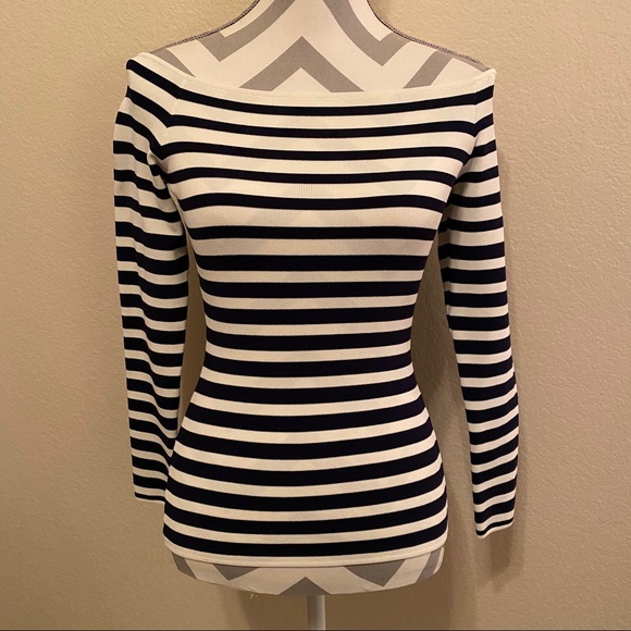 NWT H&M Navy & White Classic Striped Bardot Fitted Top Small - Picture 2 of 14